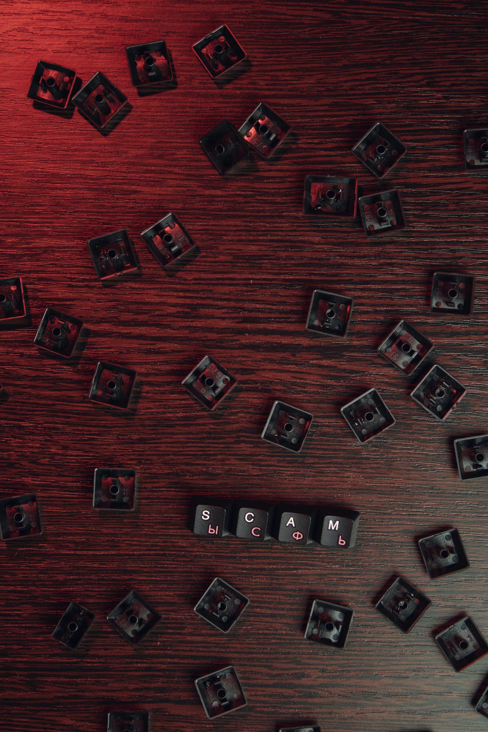 Scattered keyboard keys with the word 'SCAM' highlighted, representing the danger of debt relief scams.